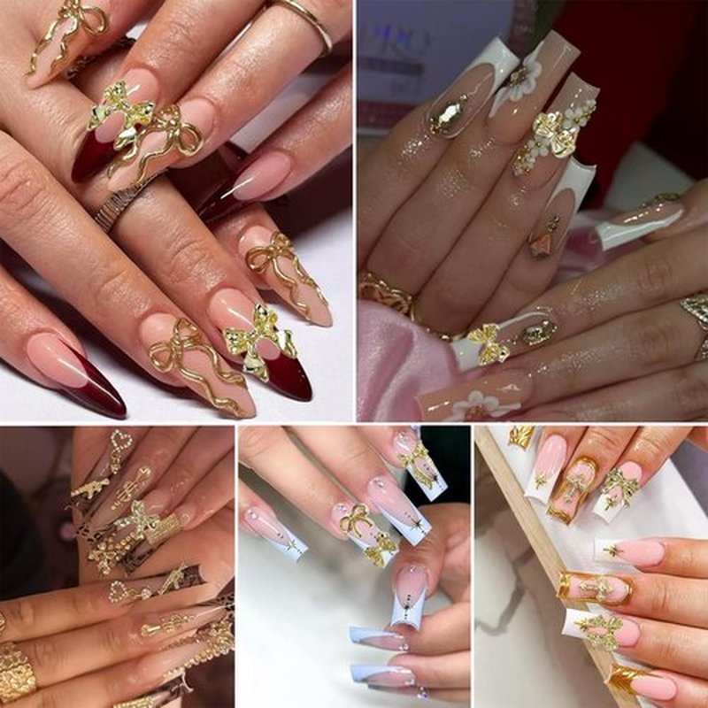 LERBOU Gold Nail Charms and Gems Set, 4 Boxes DIY Nail Decorations Kit, Gold 3D Cross Flowers Nail Art Charms, Champagne Rhinestones Gems Charms Y2K for Nails, Cool Punk Style Nail Charms