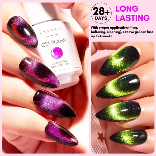 Makartt 9D Magnetic Cat Eye Gel Nail Polish Set, 6 Colors (Yellow, Purple, Silver, Rose Red, Green, Black Hole Effect) with Magnet Stick, 8ml – Soak Off DIY Manicure & Nail Art Supplies