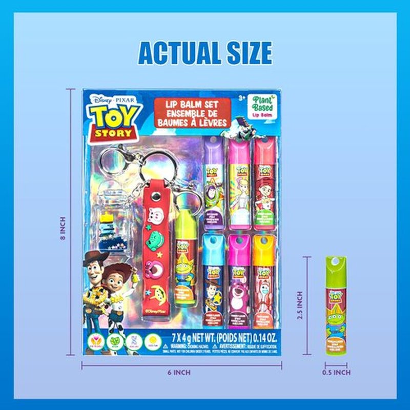 Townley Girl Toy Story 7 Pack Lip Balm with Keychain, Plant Based Lip Balm for Boys and Girls, Kids Chapstick