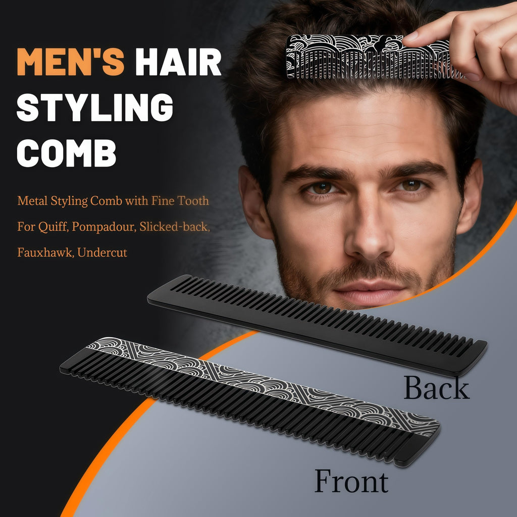 Metal Beard & Mustache Comb - Pocket Comb with 3D Pattern Design, Fine & Wide Teeth for Precise Styling - Durable, Compact, Travel-Friendly Grooming Tool for Facial Hair Care (4.65inch) - Cloud