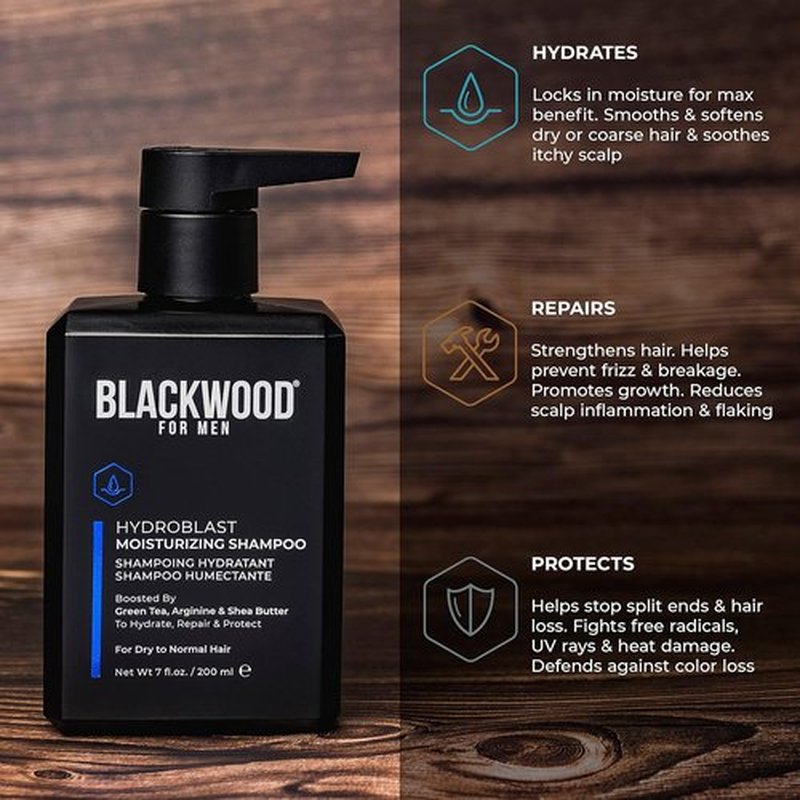 Blackwood For Men Hydroblast Moisturizing Shampoo - Nourishing Shampoo for Coarse, Dry & Curly Hair - Infused with Ginseng & Ginger - Vegan, Sulfate-Free & Paraben-Free (7 Oz)