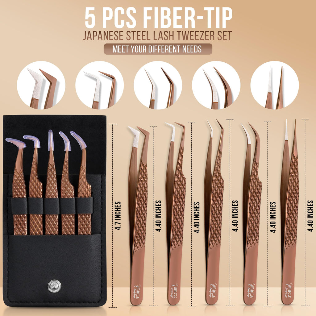 5 Pcs Fiber-Tip Japanese Steel Lash Tweezer Set with Leather Case, Professional Eyelash Tweezers for Lash Extensions – Titanium Coated, 90 & 45 Angled, Precision Pointed Tweezers (METALIC-ROSE)