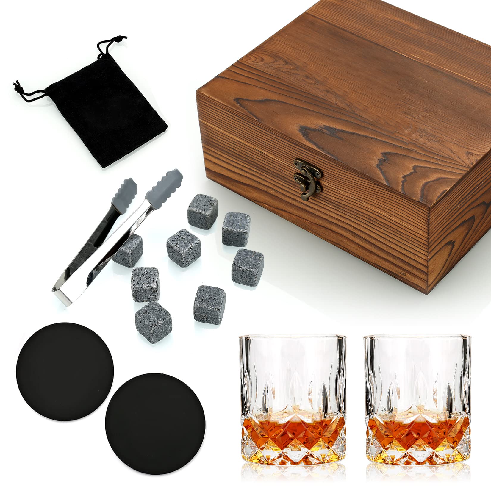 Sovyime Whiskey Stones Gifts for Men, Groomsmen Gifts, Granite Chilling Stones Bourbon Whiskey Glasses Set, Unique Birthday Gifts for Men Christmas Father's Day Valentine Retirement, 300ml