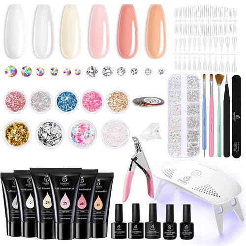Beetles Poly Extension Gel Nail Kit, 6 Natural Skin Tone 30g gel with Mini Nail Lamp Slip Solution Rhinestone Glitter Nail Art Brush All In One Kit for Nail Manicure Starter Kit Gift for Women