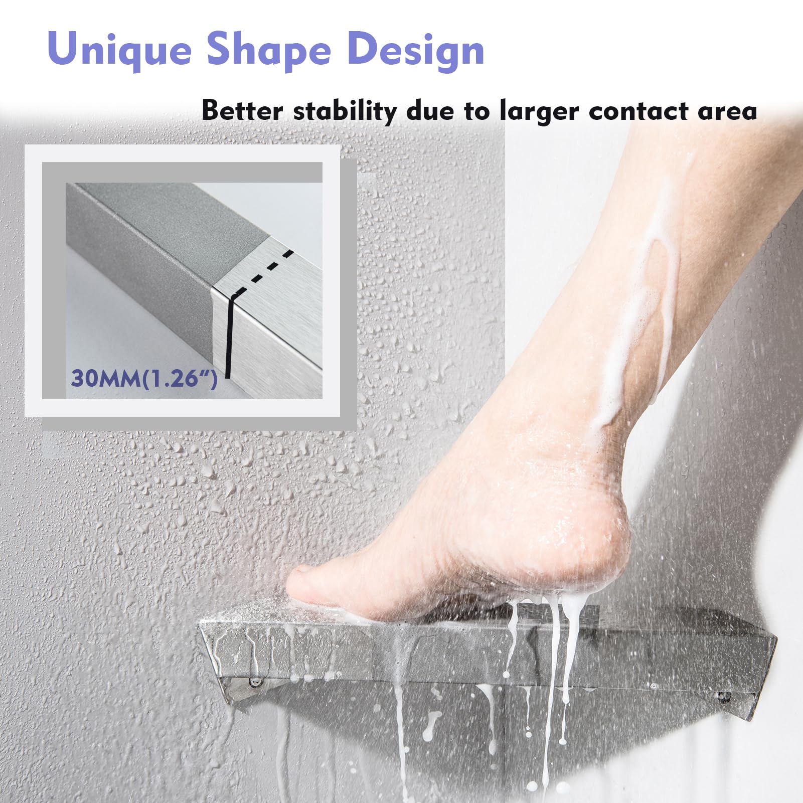 LIWEIKE Brushed Nickel Shower Foot Rest Bar Wall Mount Shower Stool for Shaving Legs Non-Slip Scrub Shower Foot Step Square Corner Shower Shaver Foot Rest