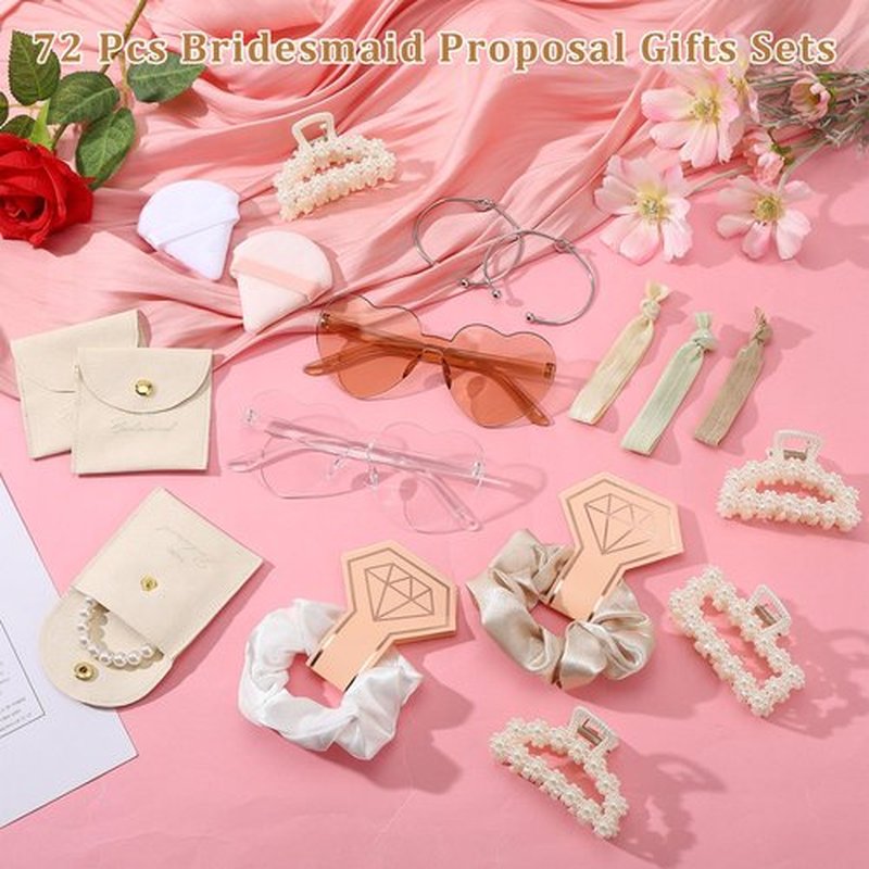 Fingertip WD 72 Pcs Bridesmaid Proposal Gift Including Bridesmaid Bridal Scrunchies Powder Puff Glasses Jewelry Bag Hairband Suitable for Wedding Gift