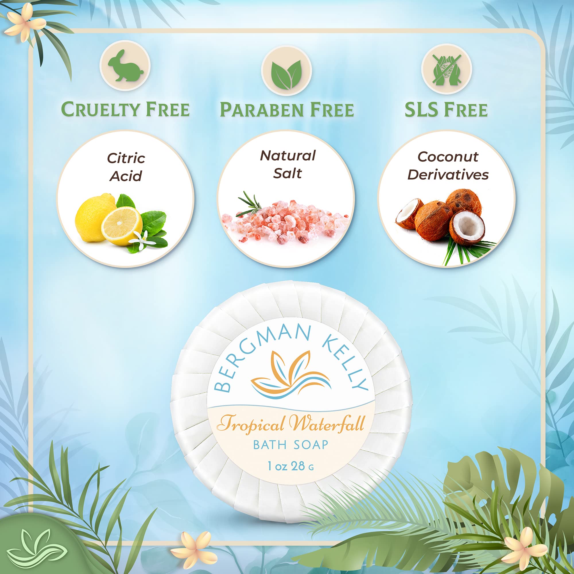 BERGMAN KELLY - Hotel Soap Bars in Bulk - Tropical Waterfall, 1 oz, 200 PK - Small Individually Wrapped Round Soap - Travel Size Mini Toiletries for Airbnb, Motel, Guest Bathroom