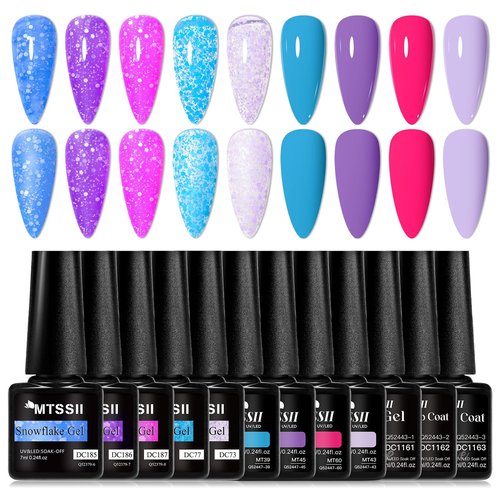 MTSSII Nude Gel Nail Polish Set 9+3 Glitter Gel Polish Kit Fluorescent Snowflake Gel Nail Polish Kit Pink Blue Purple Soak off UV LED Manicure Gifts for Girls