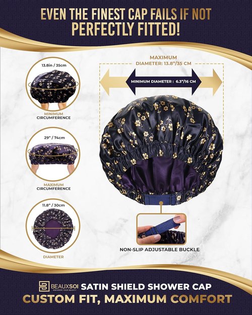 BEAUXSOI Luxury Reusable Shower Cap - Satin Lined, Adjustable & Waterproof | Floral Design (Fleur de Nuit)