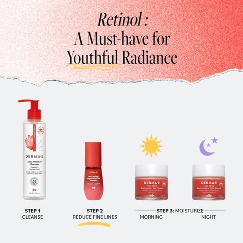 DERMA E Face Serum, Anti Aging Regenerative Retinol Serum for Face, 1 Fl Oz, Vitamin A, Bakuchiol, Glycolic Acid, Green Tea Extract, Helps Reduce Appearance of Fine Lines and Wrinkles