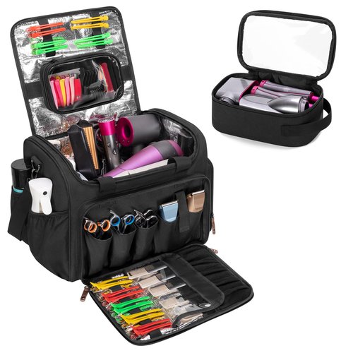BAFASO Large Insulated Barber Case with a Semi Detachable Divider and 2 Removable Pouches, Hairstylist Traveling Bag Holds Various Hair Cutting Tools, Black