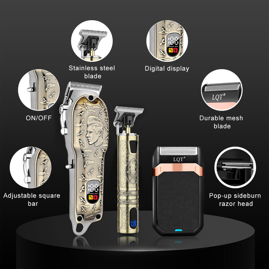 LQT Professional Barber Kit for Men, Cordless Hair Clipper, Trimmer & Shaver Set with LED Display, USB-C Rechargeable Battery,Low Noise,Grooming Gift for Husband, Father, Boyfriend (Bronze)