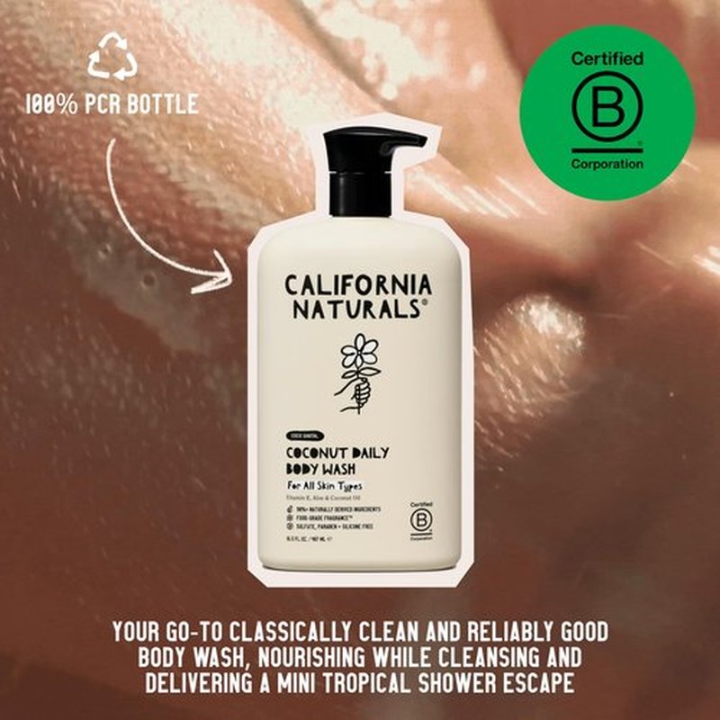 California Naturals Body Wash for Women and Men, Vitamin E Shower Gel Cleanser, Natural, Vegan & Cruelty Free, Paraben & Sulfate Free, Moisturizing Skin, Coconut, All Skin Types, 16.5 fl oz