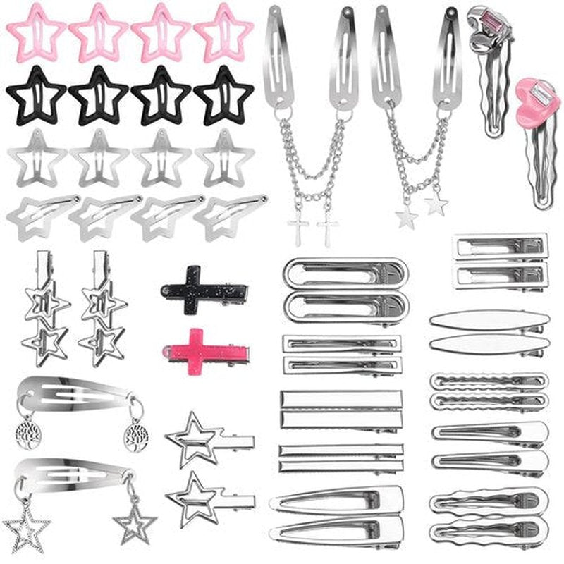 Hoemwarm 48 Pcs Y2k Hair Clips Set for Girls,Pink Kawaii Star Hair Clips 2000s Non Slip Accessories Styling Tools Retro Cross Love Pentagram Cool Hair Barrettes Kids Women
