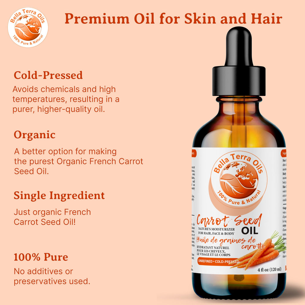 Bella Terra Oils - Organic Carrot Seed Oil 4oz - Celebrate the Nutrient-Rich Legacy of Organic Carrots, High in Vitamin K & Phytosterols, For a Supple & Radiant Appearance