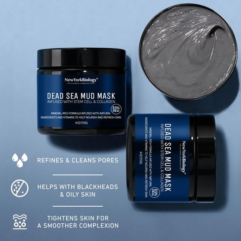 New York Biology Dead Sea Mud Mask for Face & Body | with Stem Cell and Collagen | Face Mask, Brush Applicator, Towel | Spa Quality Pore Refiner for Oily Skin | Natural Skincare for Women & Men | 4 oz
