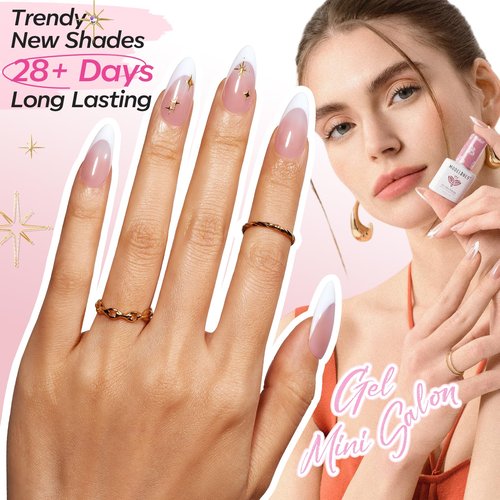 Modelones French Manicure Kit, French Tip Gel Nail Polish Set with French Tip Nail Stamp and Silver Gold Stickers Jelly Nude White Pink Sheer 4 Colors, Valentine Day New Year Nail Art Tool Gift