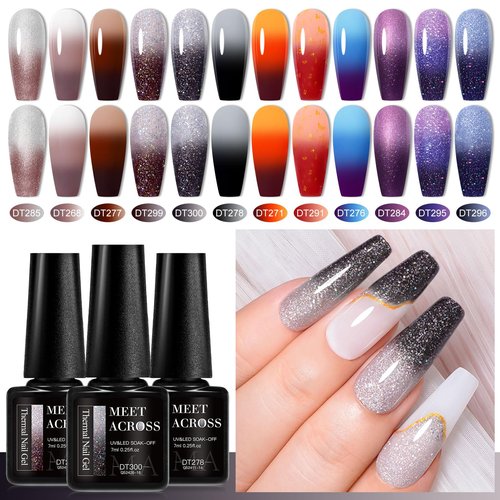 MEET ACROSS 12Pcs Color Changing Gel Nail Polish Set Brown Gel Polish Kit Fall Winter Glitter Temperature Mood Changed Nail Polish Gel DIY Salon Gift for Women
