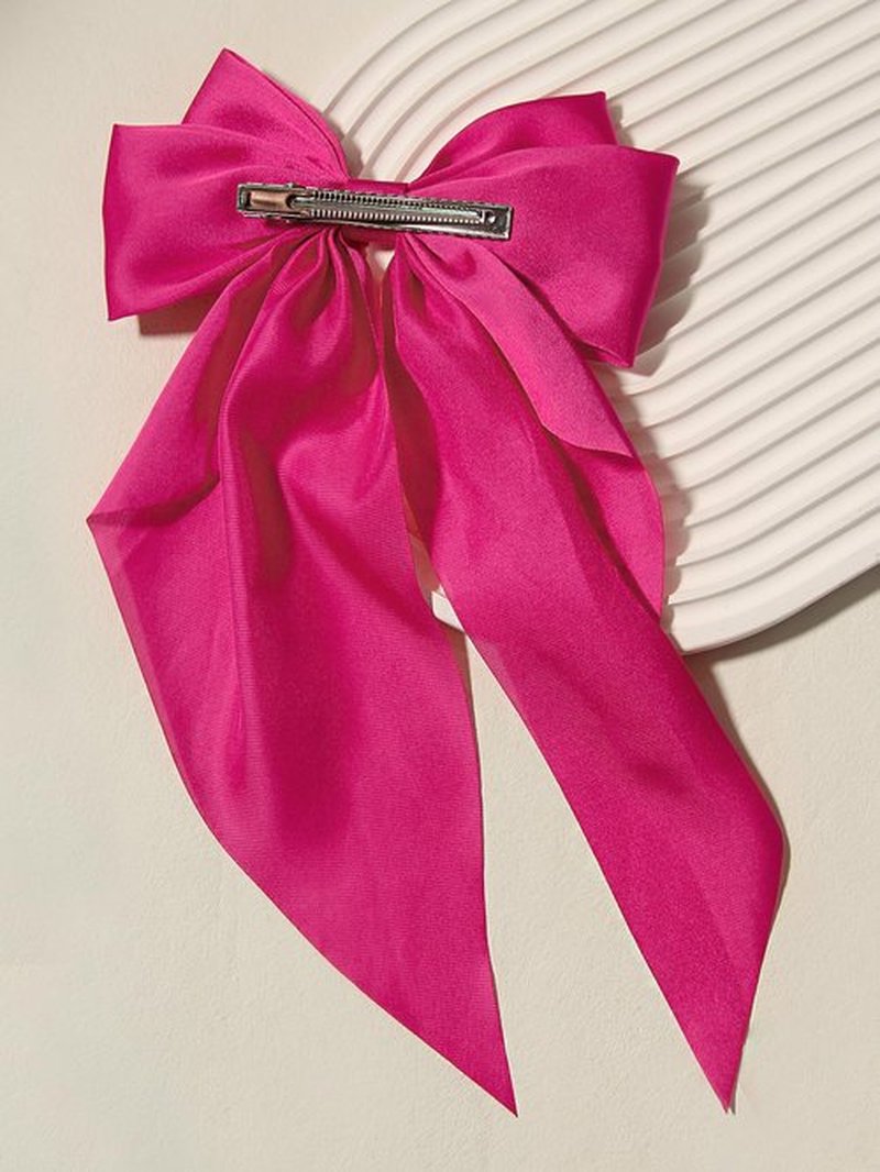 Pink Hair Bow for Women - Furling Pompoms Pack of 2 Hot Pink Bow Clips for Hair,Satin Big Bows Long Tail Alligator Clip Ribbon Large Pink Hair Accessories for Girls Women Teens