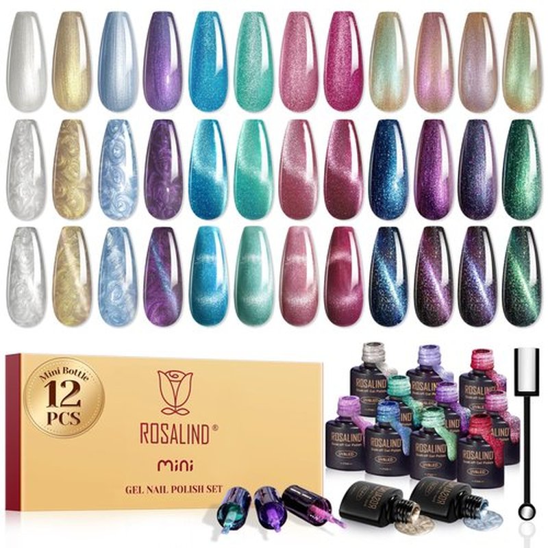 ROSALIND Cat Eye Gel Nail Polish with Magnet, 12 PCS Holographic Glitter Purple Blue Red Gel Polish Magnetic and Swirl Shell Thread Effect Sparkle Nail Polish Cateye Gifts for Women
