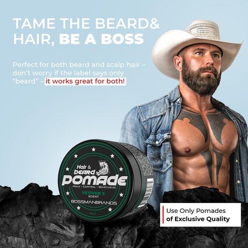 Bossman Natural Hair & Beard Pomade for Men (Vetiver X Scent) – Medium Hold & Moisturizing for Hair, Beard & Mustache Styling – Made in USA