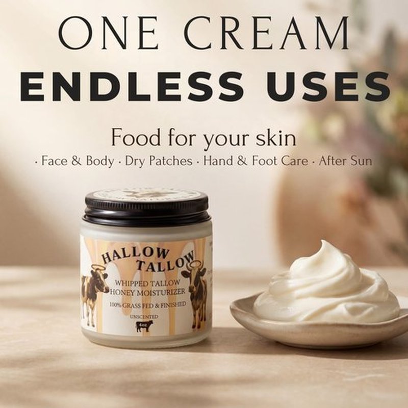Hallow Tallow Whipped Beef Tallow Moisturizer – 100% Grass-Fed & Finished Tallow Balm with Manuka Honey, Jojoba & Olive Oil, Calendula Extract – Natural Hydrating Face & Body Cream, 4oz