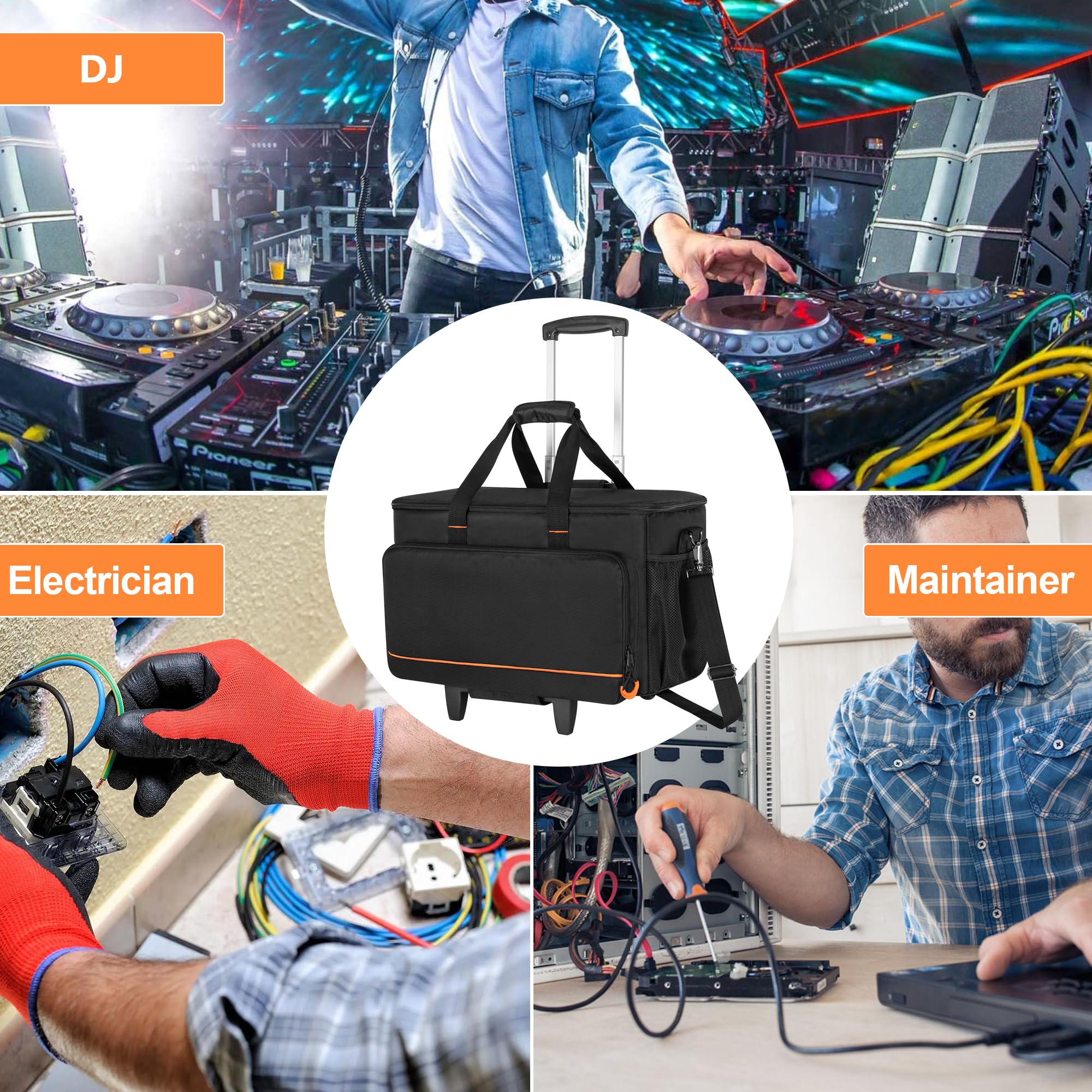Trunab Rolling DJ Cable File Bag with Hard Padded Bottom,Detachable Dividers and Dolly,Travel Gig Bag for Professional DJ Gear, Musical Instrument and Accessories
