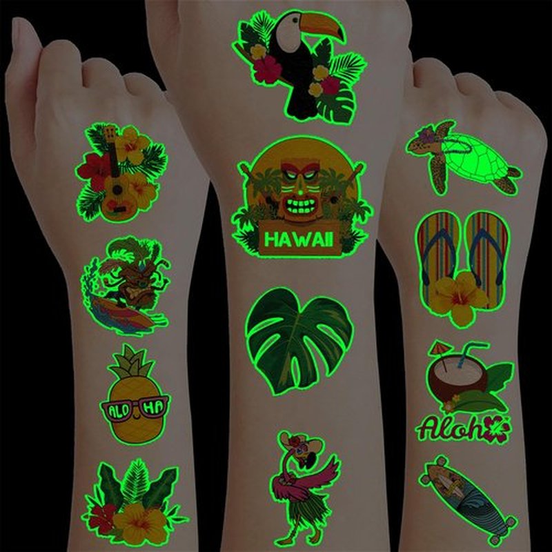 96 PCS Hawaiian Pre-Cut Tattoos Birthday Party Decorations Supplies Favors Tiki Hawaii Luau Hibiscus Temporary Tattoos Flower Tropical Summer Beach Aloha Palm Stickers School Prizes Rewards (Luminous)