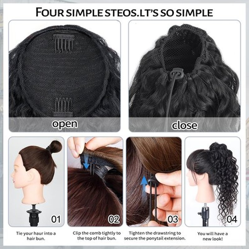 Ainimiu Water Wave Ponytail Extension Drawstring Human Hair Clip In Real Brazilian Virgin Human Ponytails For Black Women Wet And Wavy Hair Pieces Natural Black 20 Inch