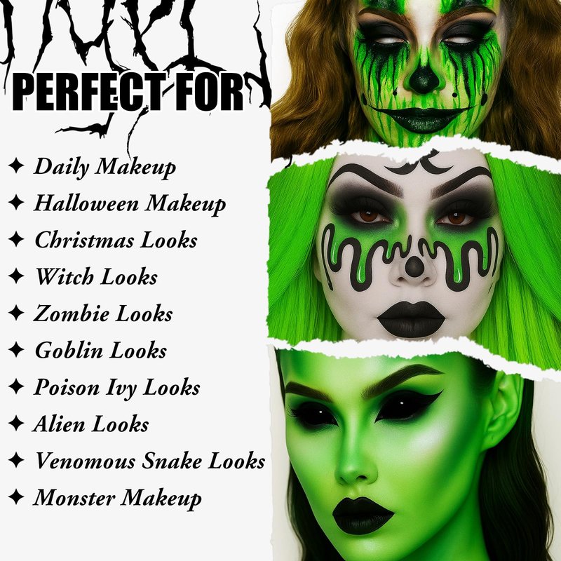 UCANBE Green Halloween Makeup Kit – Zombie Witch Beetle Juice Monster Makeup Set for SFX Costume Cosplay with Eyeshadow Palette, White Foundation, Black Lipstick,Eyeliner, Setting Powder & Sponges