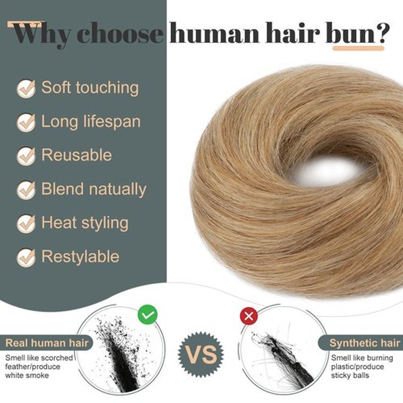 Hairro Messy Bun Hair Piece Real Remy Human Hair Straight Highlight Balayage Piano Color Ponytail Scrunchies Updo Elastic Wrap On Chignon 30g #12RP613R Golden Brown Mix Bleach Blonde