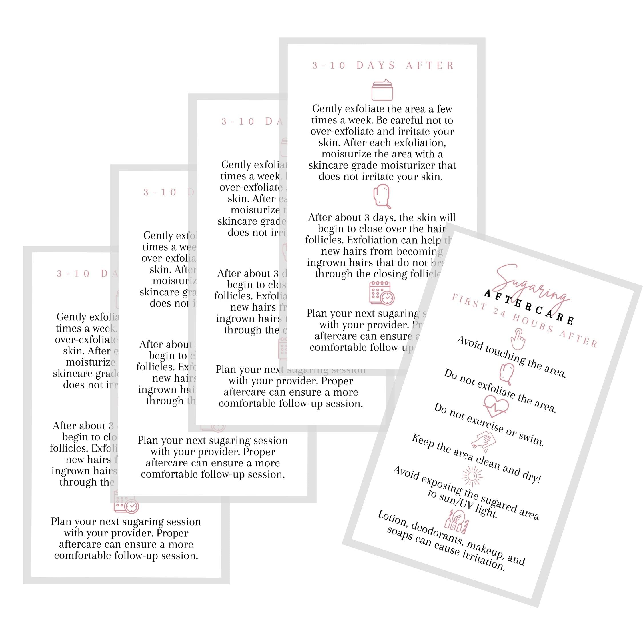 Sugaring Hair Removal Aftercare Cards | 50 Pack | 2x3.5” in Business Card | Sugaring Hair Removal Supplies | Waxing Supplies | White Card Design