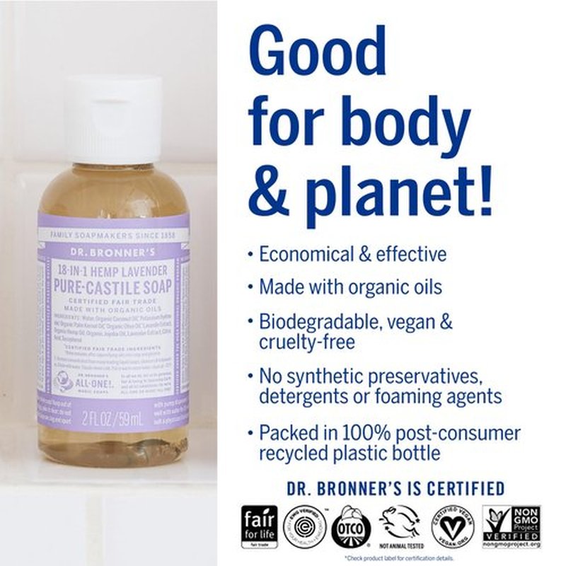 Dr. Bronner's - Pure-Castile Liquid Soap, Made with Organic Oils, 18-in-1 Uses: Face, Body, Hair, Laundry, Pets and Dishes, Concentrated, Vegan, Non-GMO (Lavender, 2 ounce, 2-Pack)