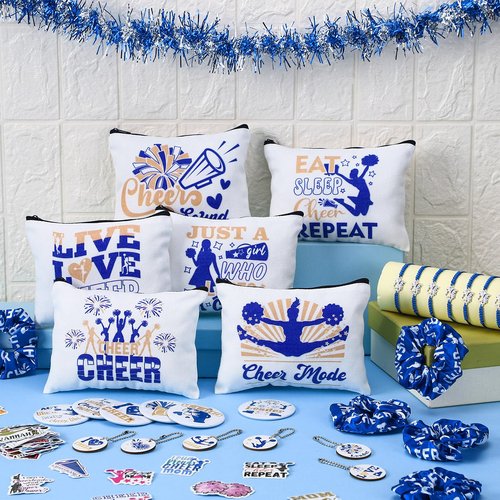 Lyrow 160 Pcs Cheerleader Gifts Bulk for Team Back to School Gift Cheer Scrunchies Hair Ties Makeup Bag Cheer Mirror Bracelet Keychain Sticker for Cheerleader Gift(Blue)