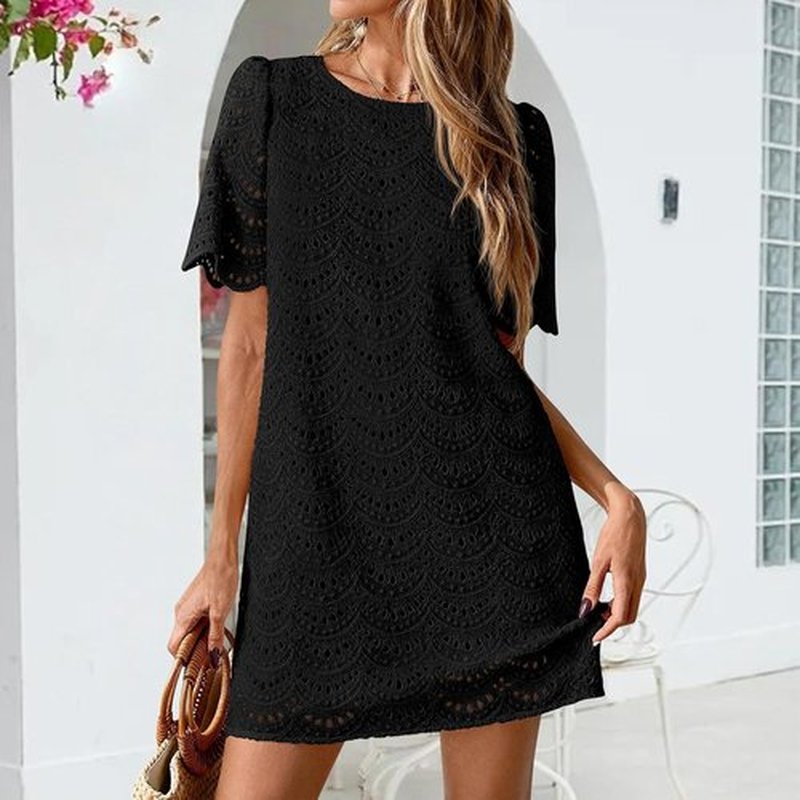 Skiennix Eyelet Dress for Women - Hollow Out Lace Short Sleeve Mini Dress for Summer Vacations