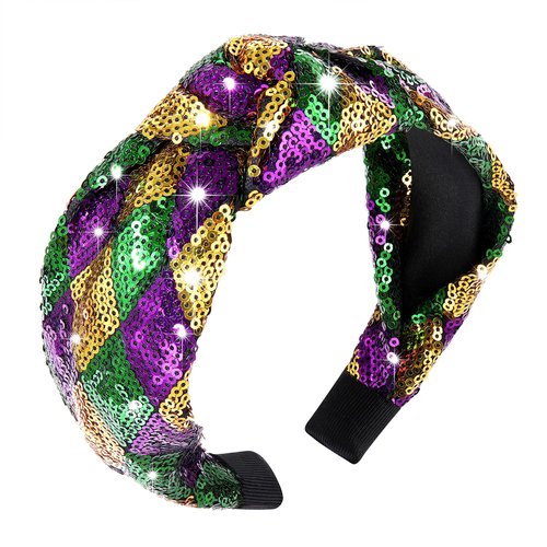 HSWE Mardi Gras Headband for Women Glitter Purple Green Yellow Sequin Top Knot Hairband Funny Carnival Parade Party Gift for Sister Mom Bestie