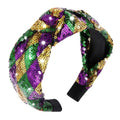 HSWE Mardi Gras Headband for Women Glitter Purple Green Yellow Sequin Top Knot Hairband Funny Carnival Parade Party Gift for Sister Mom Bestie