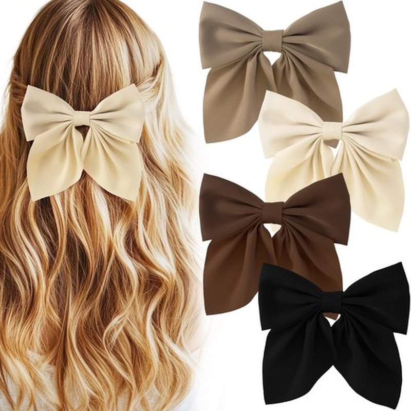 Incinkod 4 Pcs Hair Bows for Women, Short Tail Bow Hair Clips, Cute Silky Satin Womens Hair Bows, Bow Clips for Women (Black, White, Dark Brown, Light Brown)