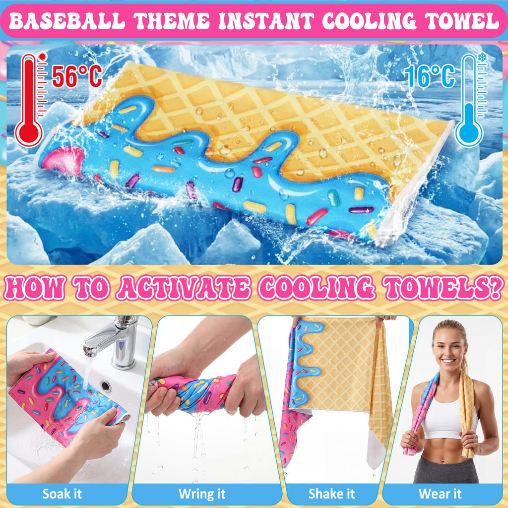Peryiter 24 Pcs Ice Cream Drip Baseball Party Favors 12 Cooling Towels 12 Drip Drawstring Bags Bulk Sport Gifts for Teams Summer Camping Yoga Running Supplies, Chilly and Absorbent