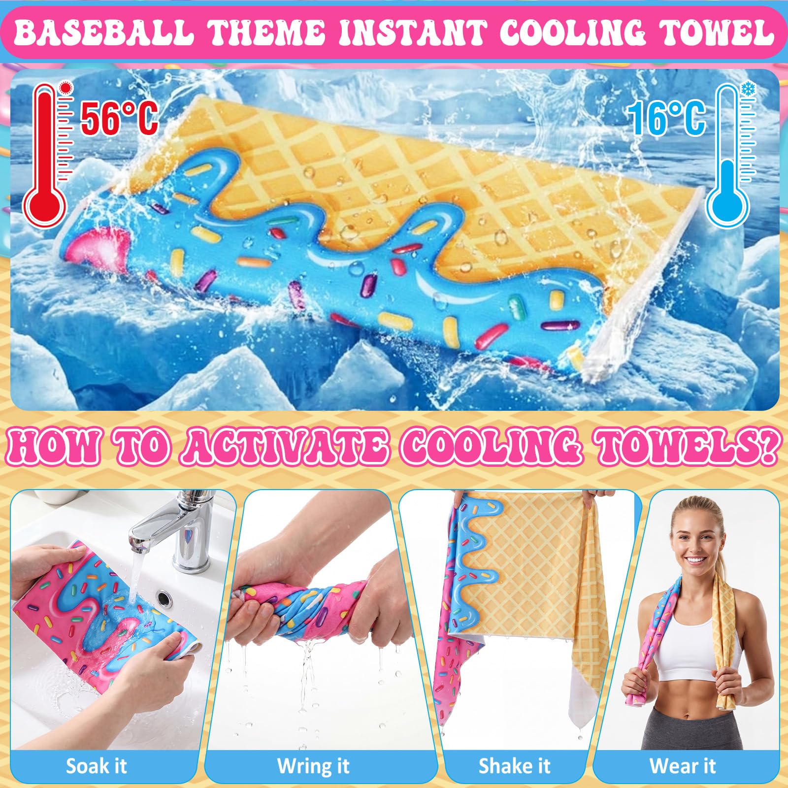 Peryiter 24 Pcs Ice Cream Drip Baseball Party Favors 12 Cooling Towels 12 Drip Drawstring Bags Bulk Sport Gifts for Teams Summer Camping Yoga Running Supplies, Chilly and Absorbent
