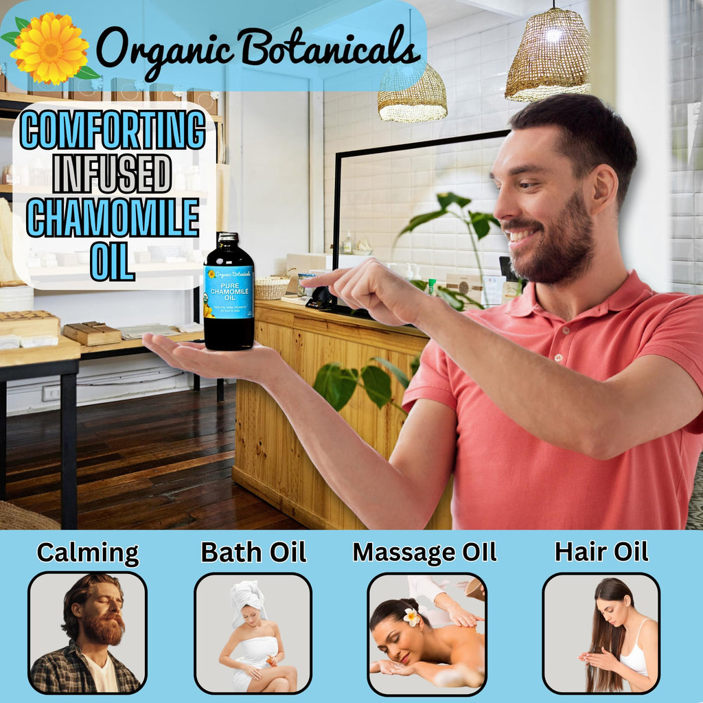 Organic Botanicals Pure Organic Chamomile Oil - USDA Certified, Premium Grade Natural Therapeutic Oil for Body, Skin, Face, Hair & Massage Therapy - Relaxing, Bath & DIY Infused Flower Extract (2 oz)