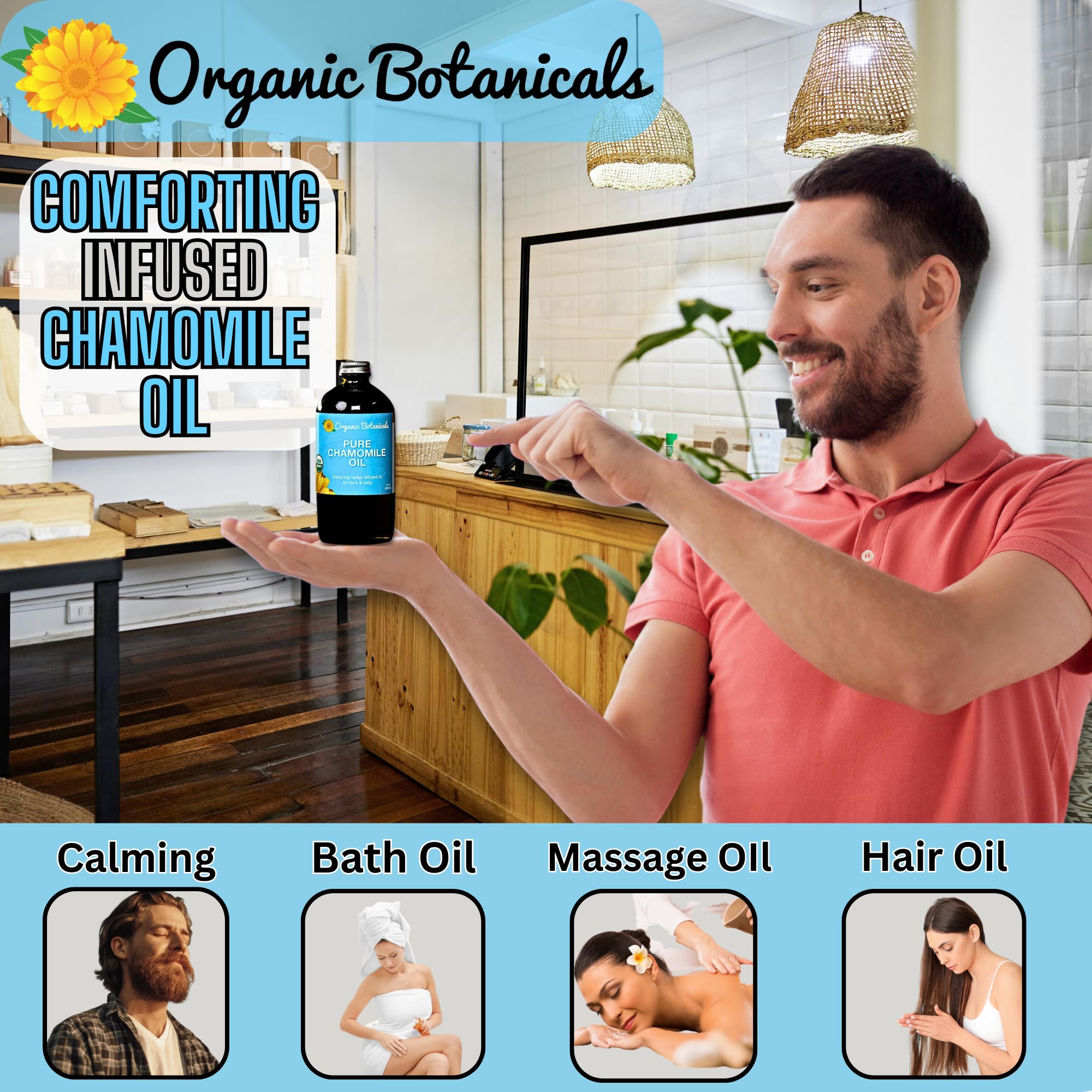 Organic Botanicals Pure Organic Chamomile Oil - USDA Certified, Premium Grade Natural Therapeutic Oil for Body, Skin, Face, Hair & Massage Therapy - Relaxing, Bath & DIY Infused Flower Extract (2 oz)