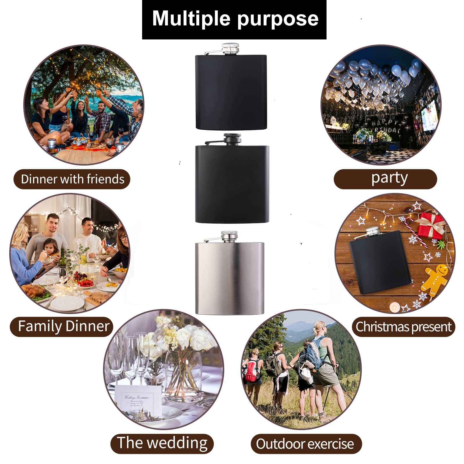 10 pcs Hip Flask for Liquor Black 6oz Stainless Steel Leakproof with 10 pcs Funnel for Gift, Camping, Wedding Party, Groomsmen Gifts