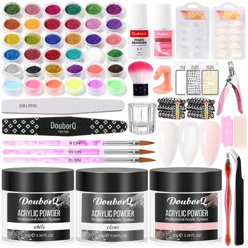 Acrylic Nail Kit -Clear White Pink Acrylic Powder with Nail files Brushes Nail Tips Nail Supplies Starter for Women Home & Salon