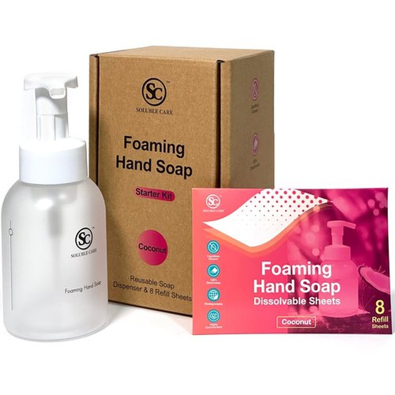 Soluble Care: Foaming Hand Soap Dissolvable Sheet Starter Kit | Includes 8 oz. Foaming Dispenser & 4 Full Bottle Refills - Sustainable, Earth-Friendly Cleaning Solution - Coconut Scent