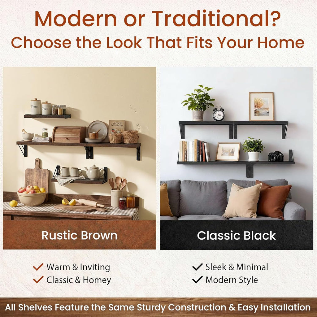 BAYKA Floating Wall Shelves - Rustic Wood Bathroom & Living Room Decor | Set of 4 in Rustic Brown
