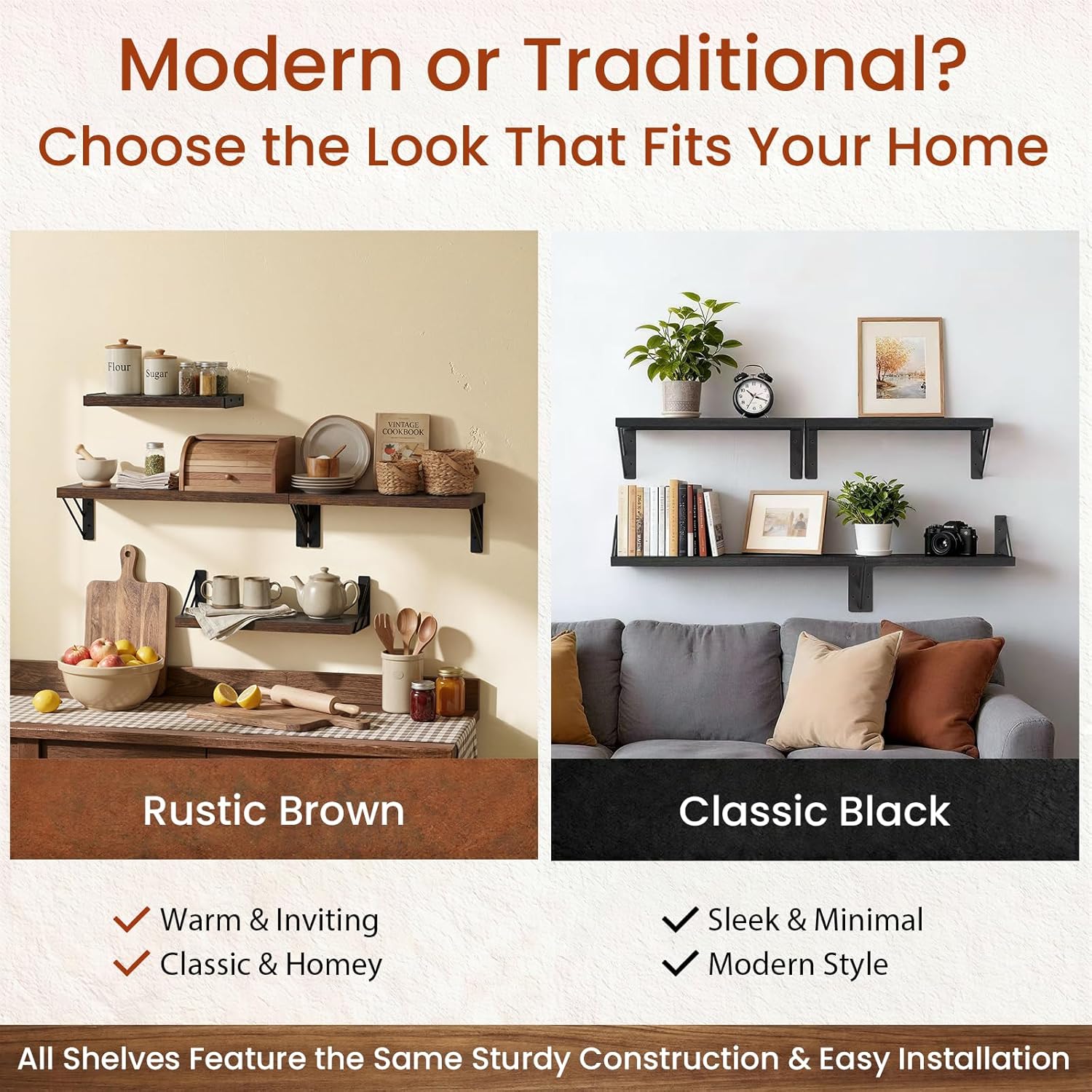 BAYKA Floating Wall Shelves - Rustic Wood Bathroom & Living Room Decor | Set of 4 in Rustic Brown