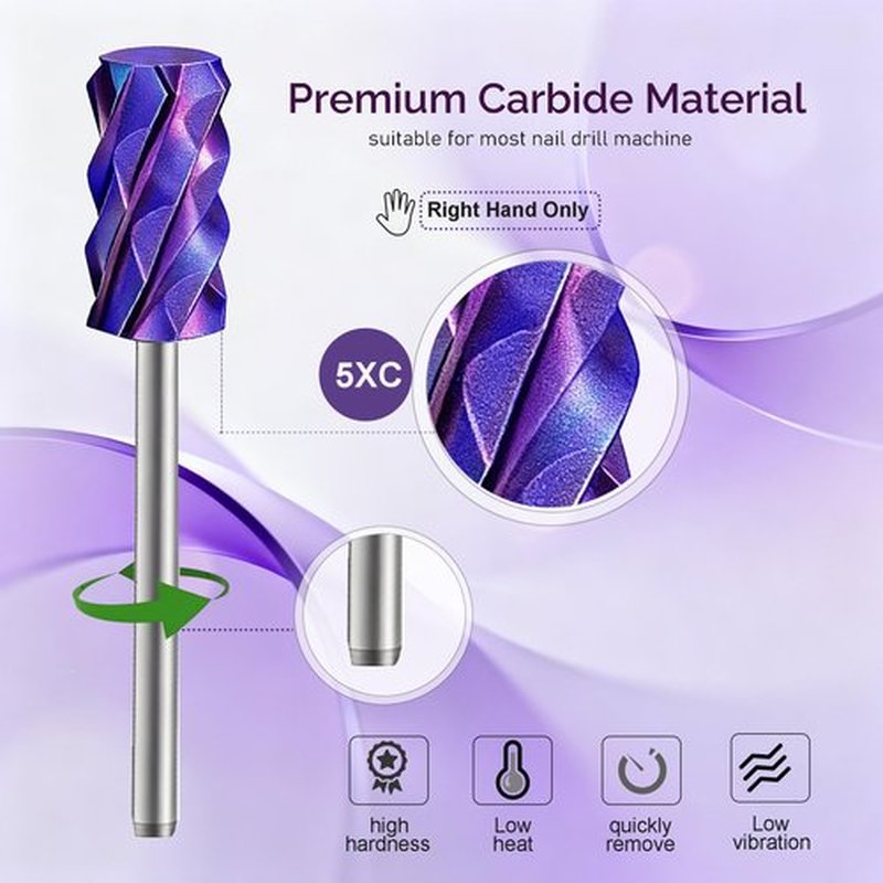 Lumcrissy Professional Nail Drill Bits Set, 3/32'' Carbide Tungsten Bits,5XC, Professional Electric Cuticle Cleaner, Two Way Rotation for Acrylic Nails (Purple, 5XC)