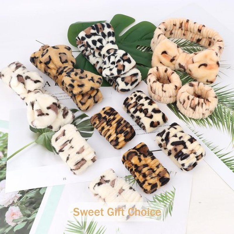 CIEHER 12 PCS Makeup Headband for Women Wrist Washband Scrunchies Cuffs for Washing Face, Soft Leopard Print Spa Headband Matching Wristbands