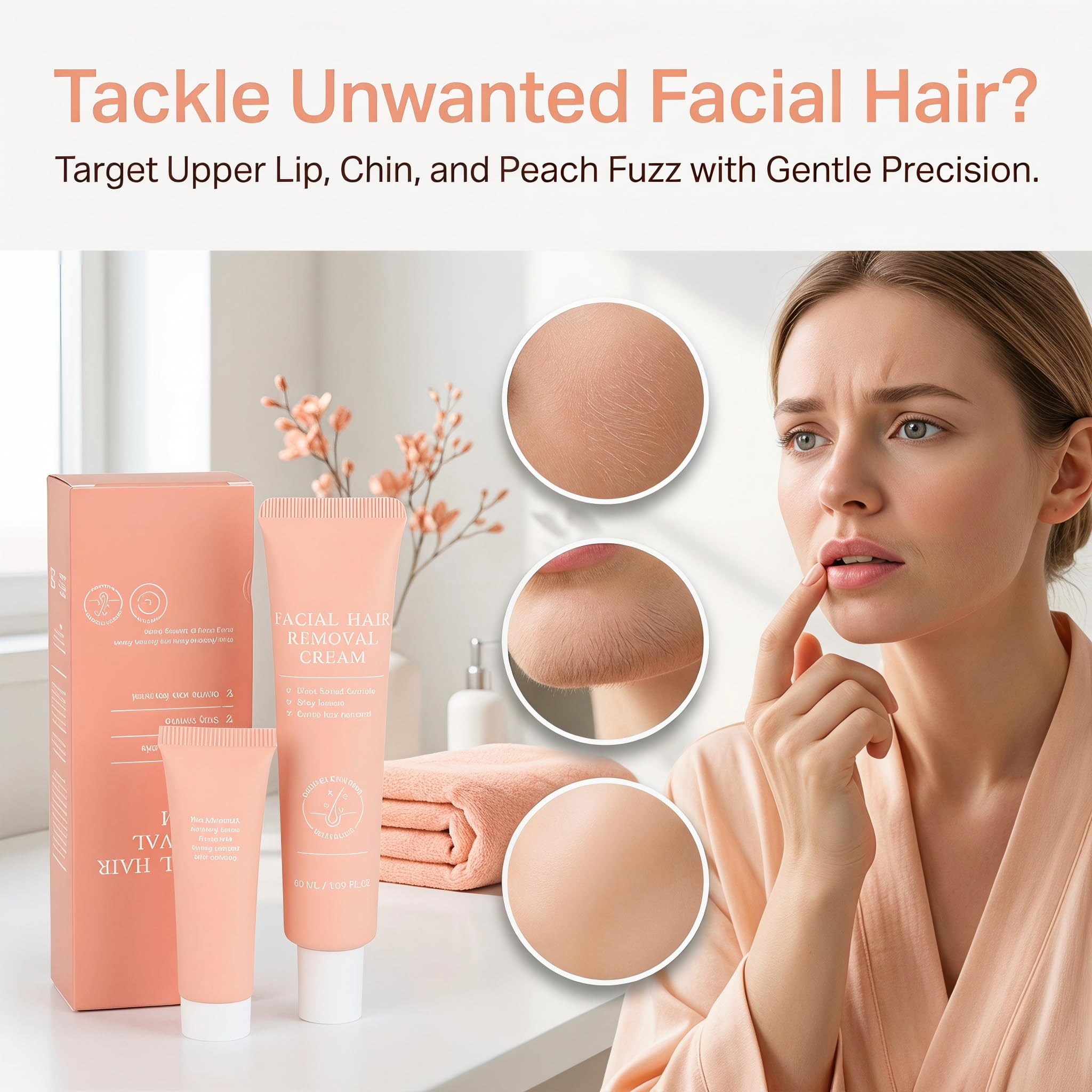 Female facial hair removal cream - painless and gentle hair removal cream for upper lip, chin, and face, containing spatula, 4-Minute At-Home Sensitive Skin Hair Remover, 2.37FI Oz.